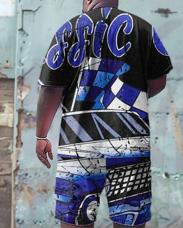 Front And Rear Printed Men's Plus Size Cool Racing Pattern Printed T-shirt Shorts Suit