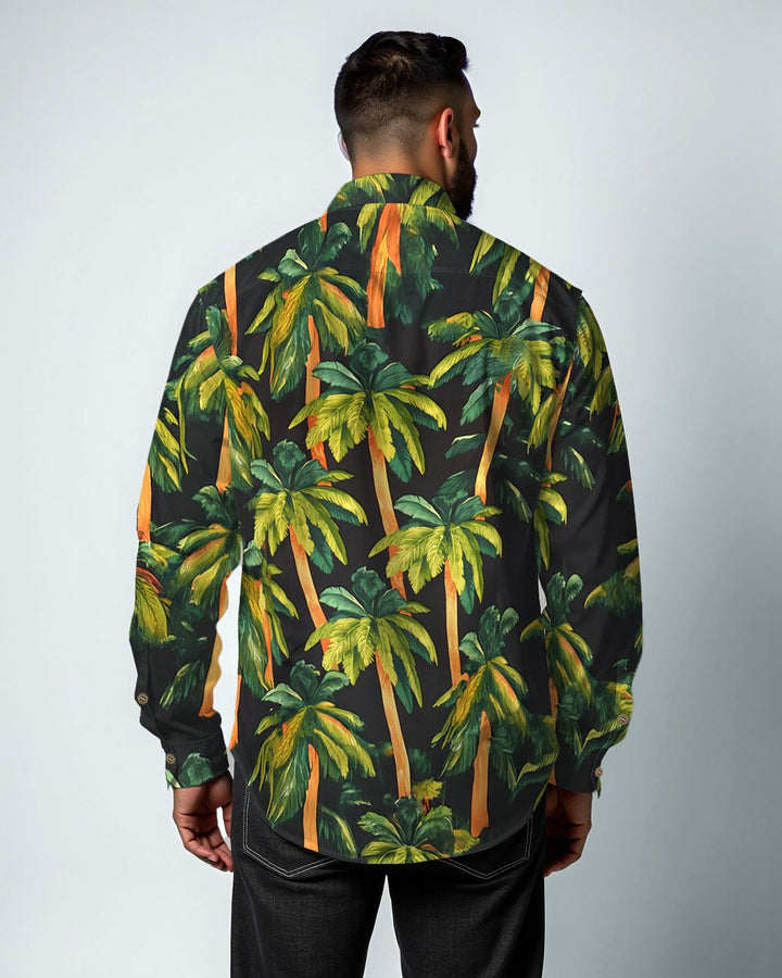 Tropical Rainforest Cotton Patch Pocket Long Sleeve Lapel Shirt