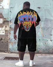 Front And Back Printed Flaming Letter T-Shirt Shorts Suit Men's Plus Size