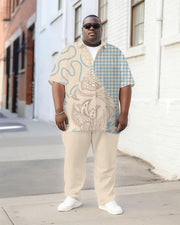 Men's Plus Size Street Fashion Irregular Patchwork Plaid Printed Short Sleeve Shirt Trousers Suit