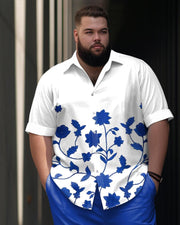 Men's Plus Size Business Flower Vine Print Short Sleeve Shirt Trousers Suit