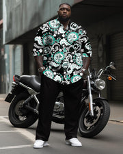 Men's Plus Size Cashew Flower Pattern Long Sleeve Lapel Shirt 2 Piece Set