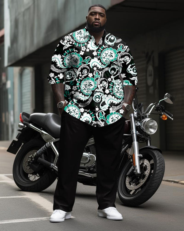 Men's Plus Size Cashew Flower Pattern Long Sleeve Lapel Shirt 2 Piece Set