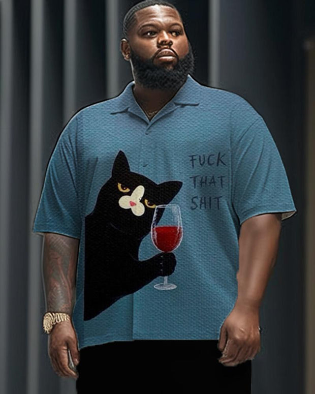 Wine Glass Art Cat Short Sleeve Shirt Trousers Men's Plus-size Suit