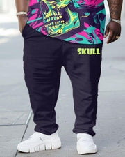 Men's Plus Size Street Fashion Abstract Graffiti Skull Print T-Shirt Trousers Suit