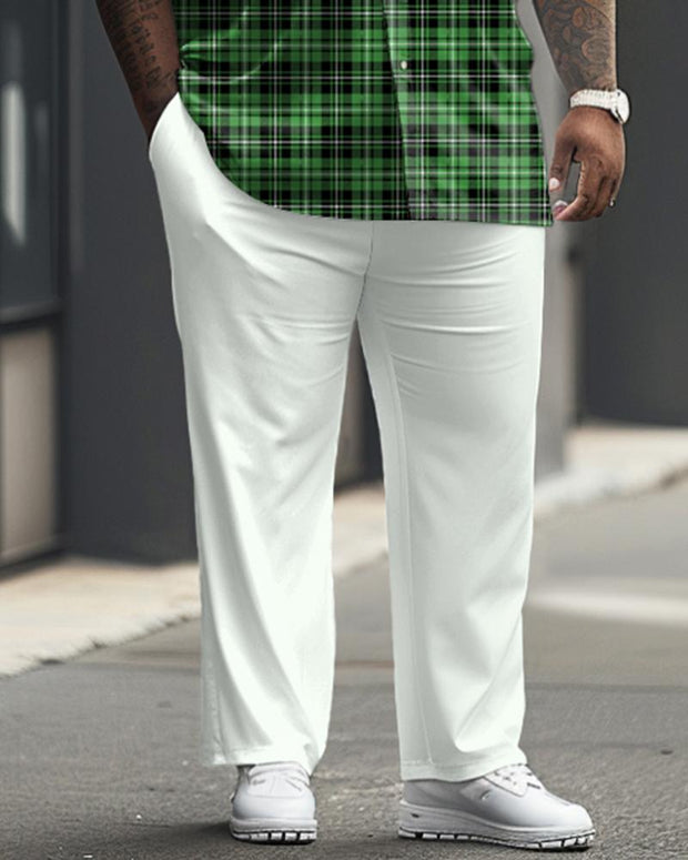 Men's Plus Size Business Casual Classic Green Plaid Short Sleeve Shirt Trousers Suit