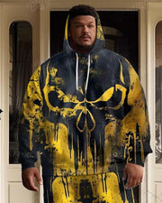 Men's Street Fashion Yellow And Black Graffiti Skull Plus Size Hoodie Suit