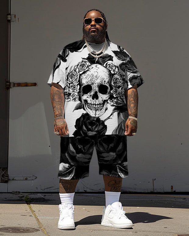 Men's Plus Size Street Casual Skull Rose Print T-Shirt Shorts Suit