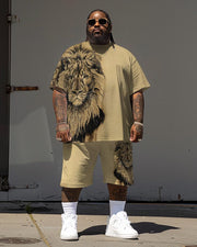 Men's Plus Size 3D Print Lion T-Shirt Shorts Suit