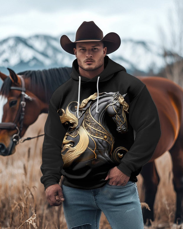 Men's Plus Size Fashion 3D Horse Statue Pattern Print Long Sleeve Hoodie