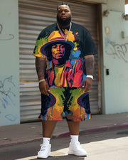 Men's Plus Size Street Fashion Pop Art Tribute Singer Print T-Shirt Shorts Suit