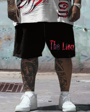 Printed Front And Back Men's Plus Size Lion Alphabet Print T-Shirt Shorts Suit