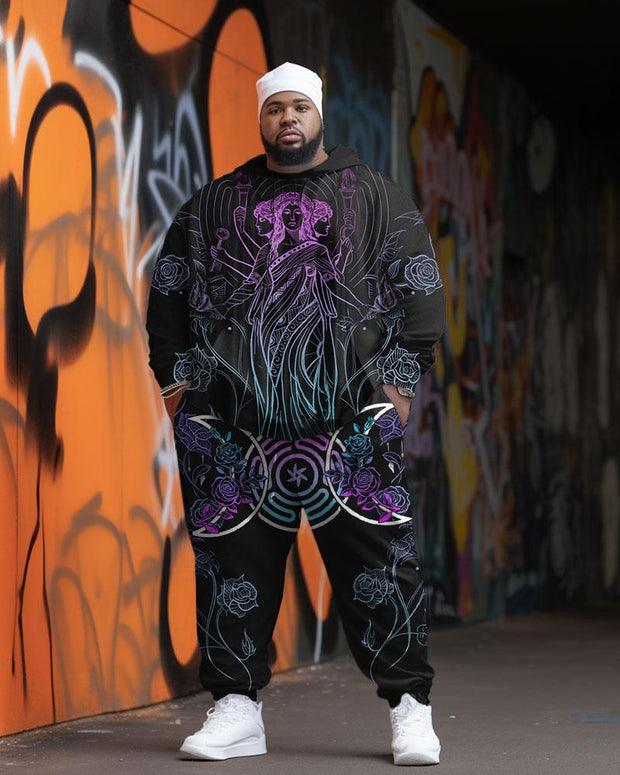 Men's Street Fashion Gradient Rune Hecate Print  Plus Size Hoodie Suit