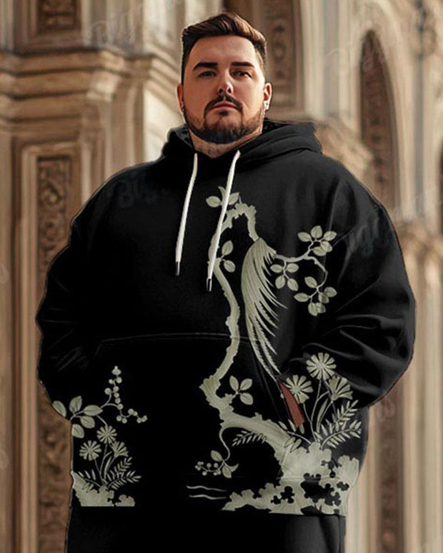 Men's Classical Luxury Grass Pattern Black Plus Size Hoodie Suit