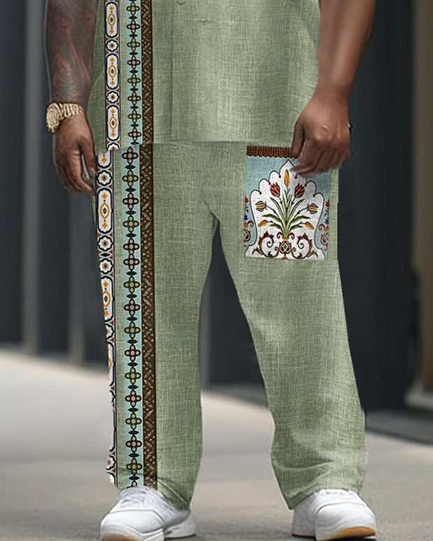 Ethnic Style Flower Short-sleeved Shirt Trousers Men's Plus-size Suit