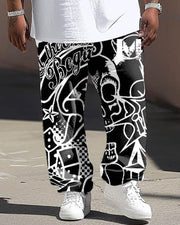 Men's Large Artistic Hand-painted Monochrome Line Pattern Printed T-shirt Trousers Suit