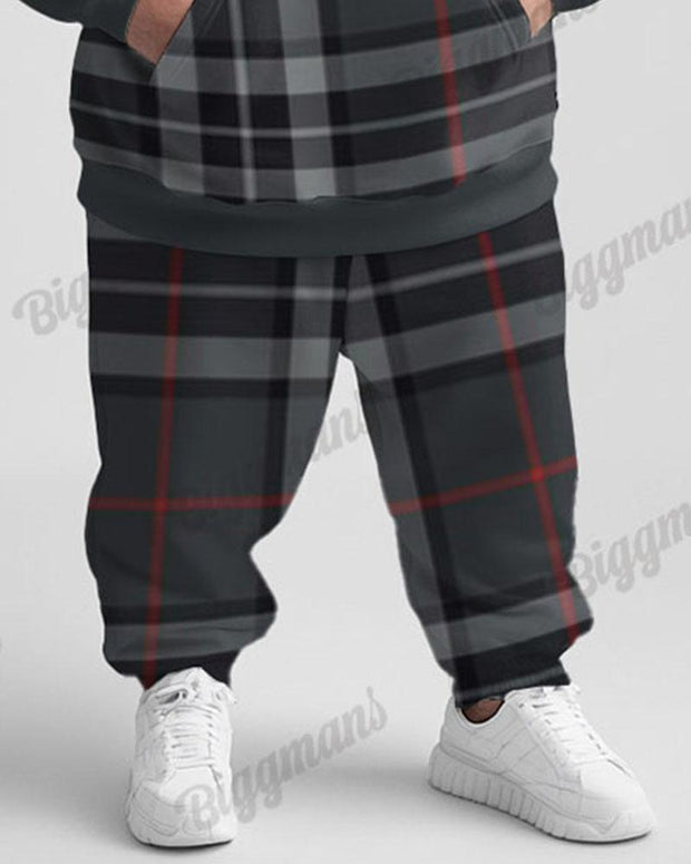 Men's Street Fashion Versatile Classic Plaid Print Plus Size Hoodie Suit