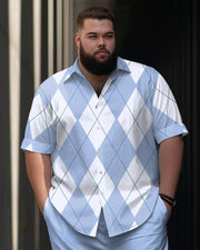 Men's Plus Size Business Simple Classic Diamond Check Short Sleeve Shirt Trousers Suit