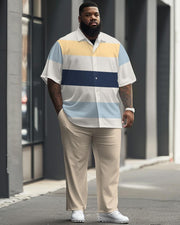 Men's Plus Size Simple Striped Color Matching Printed Short Sleeve Shirt Suit