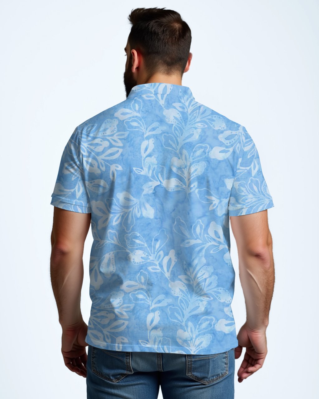 Blue Batik Leaves Men Polo Short Sleeve