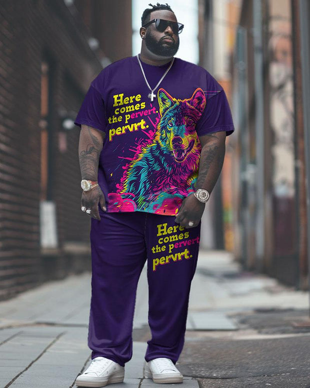 Men's Plus Size Street Fashion Funny "Colored Wolf" Printed T-Shirt Pants Suit