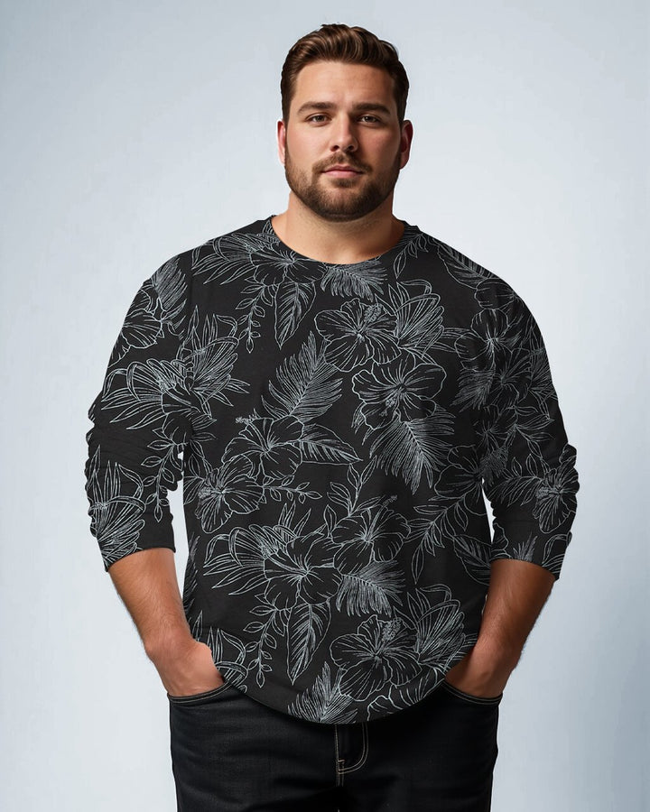 100% Cotton-Men's Hand Painted Leaf Contour Long Sleeve T-Shirt