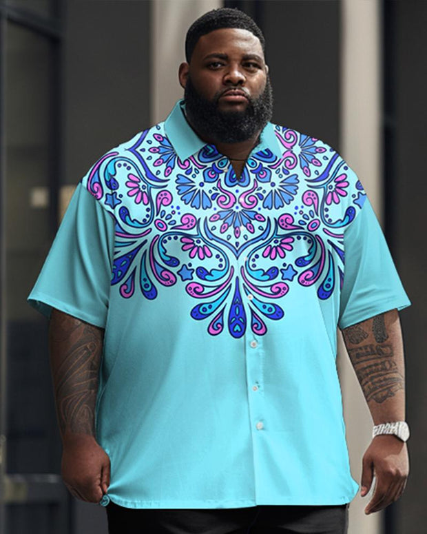 Men's Plus Size Business Retro Ethnic Printed Short Sleeve Shirt Suit