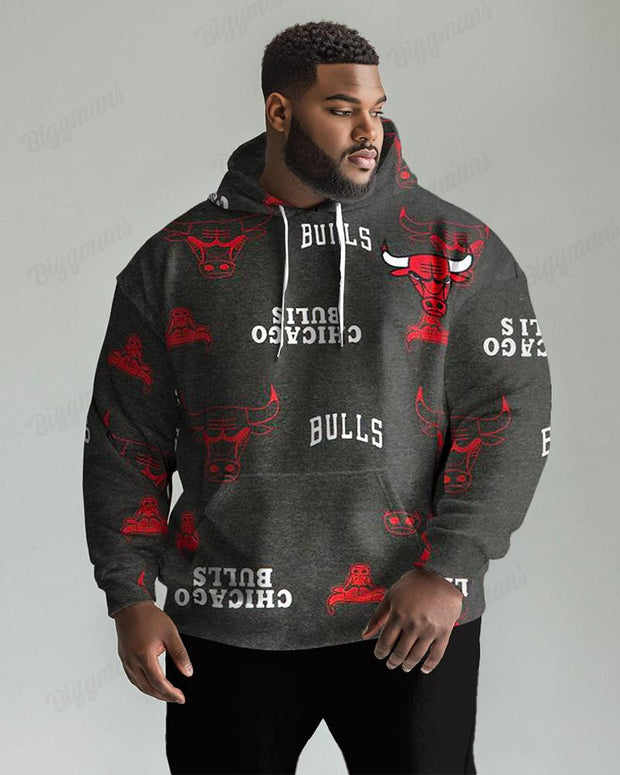 Horn Letter Print Sleeve Hoodie Men's Plus Size