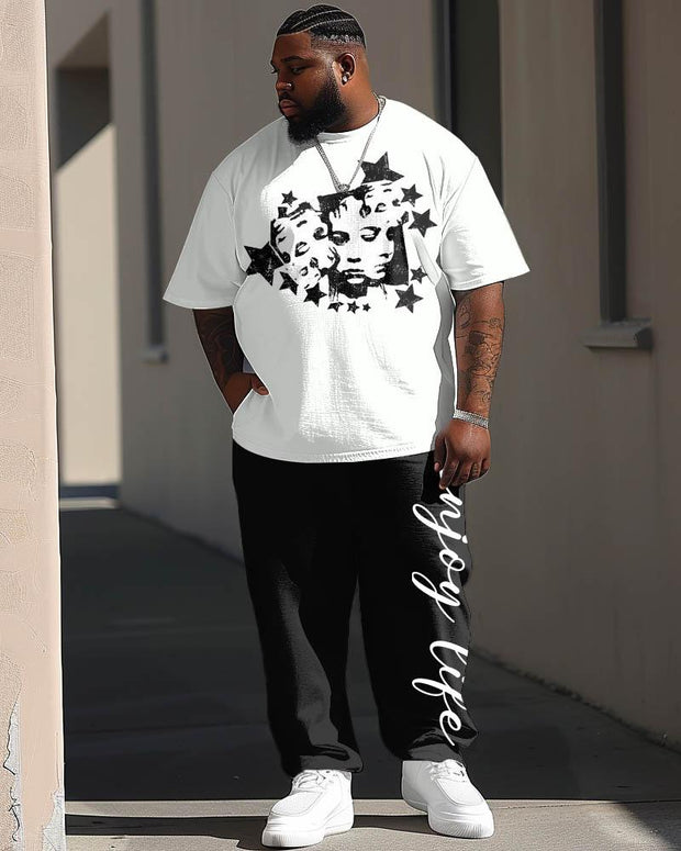 Men's Large Monochrome Popular Figure Outline Print T-shirt Pants Suit