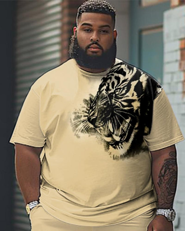 Men's Plus Size Eco-friendly Watermark Craft Tiger Pattern Printed T-shirt Shorts Suit