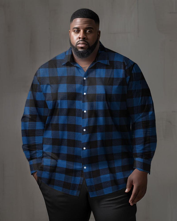 Men's Classic Casual Large Size Blue Black  Plaid Long Sleeve Lapel Shirt