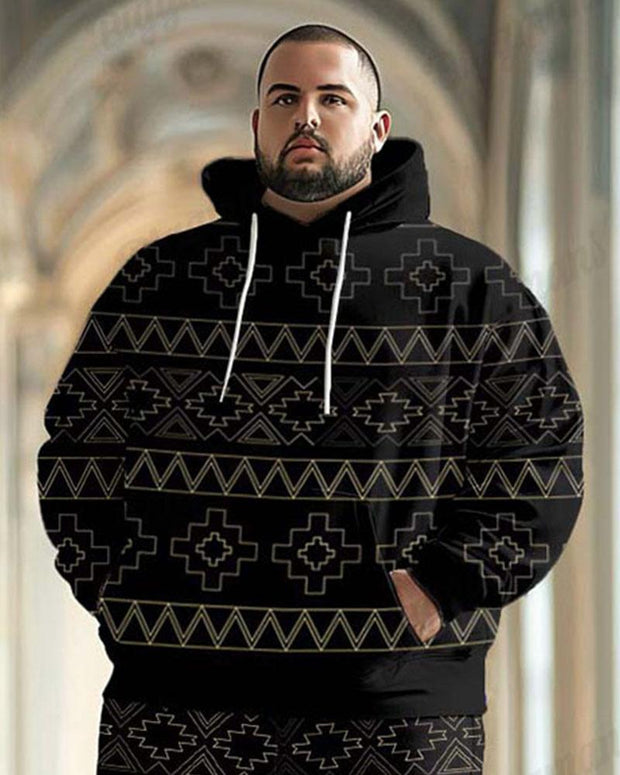 Men's Classical Geometric Pattern Black Plus Size Hoodie Suit