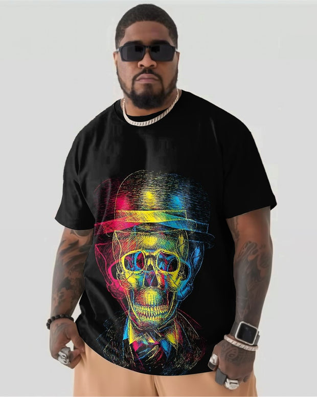 100% Cotton Colored Skull Pattern Printed Men's Plus Size Short Sleeve T-Shirt