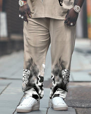 Men's Large Street Smoke Skull Print T-Shirt Trousers Suit