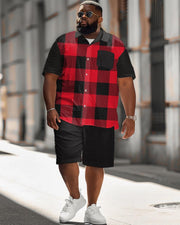 Men's Plus Size Classic Red Plaid Short Sleeve Pocket Shirt Shorts Suit