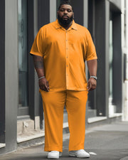 Men's Plus Size Solid Color Yellow Short Sleeve Shirt Trousers Suit