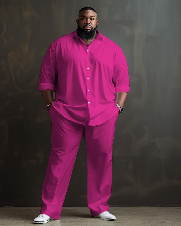 Men's Plus Size Solid Color Long Sleeve Lapel Long Shirt And Pants Set