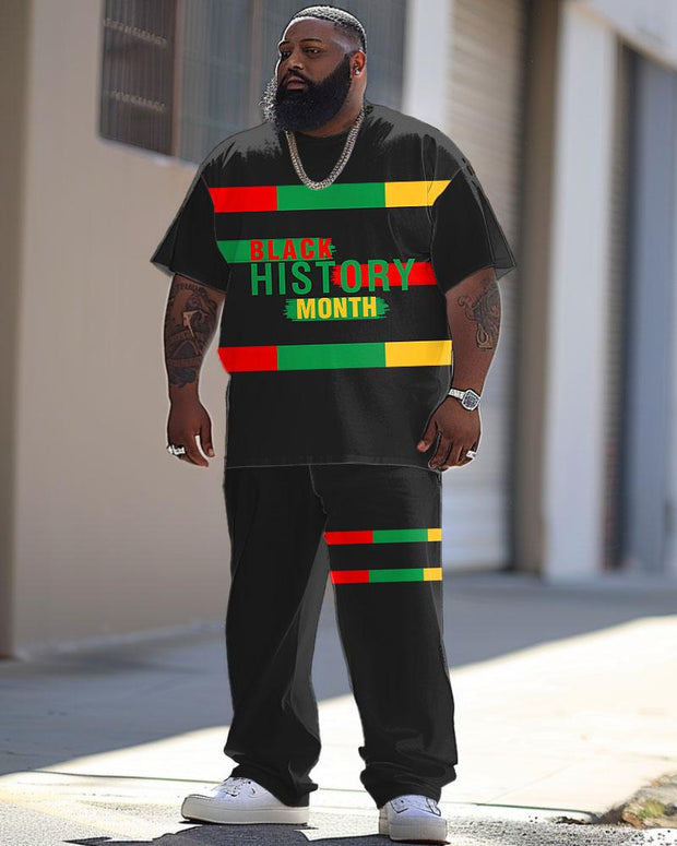 Men's Plus Size Juneteenth Black History Month Striped Colorblock Printed T-Shirt Trousers Suit