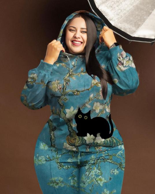 Women's Plus Size Van Gogh Plum Cat Hoodie Set