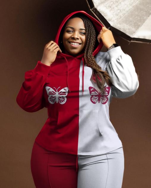 Women's Plus Size Butterfly Fashion Color Blocking Woman Hoodie Set
