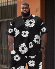 Men's Plus Size Classic White Plum Blossom T-Shirt Shorts Suit