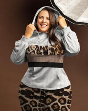Women's Plus Size Brown Leopard Stripe Patchwork Hoodie Set