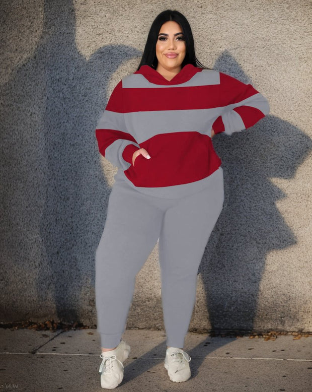 Women's Plus Size Big Red and Gray Stripes Hoodie Set