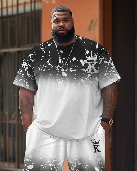 Men's Plus Size Retro Gradient Color KING T-Shirt Shorts Suit