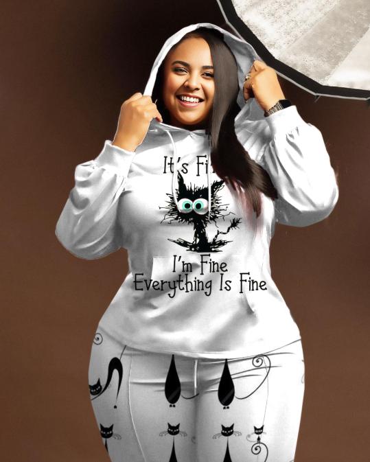 Women's Plus Size Everything Is Fine Cat Hoodie Set