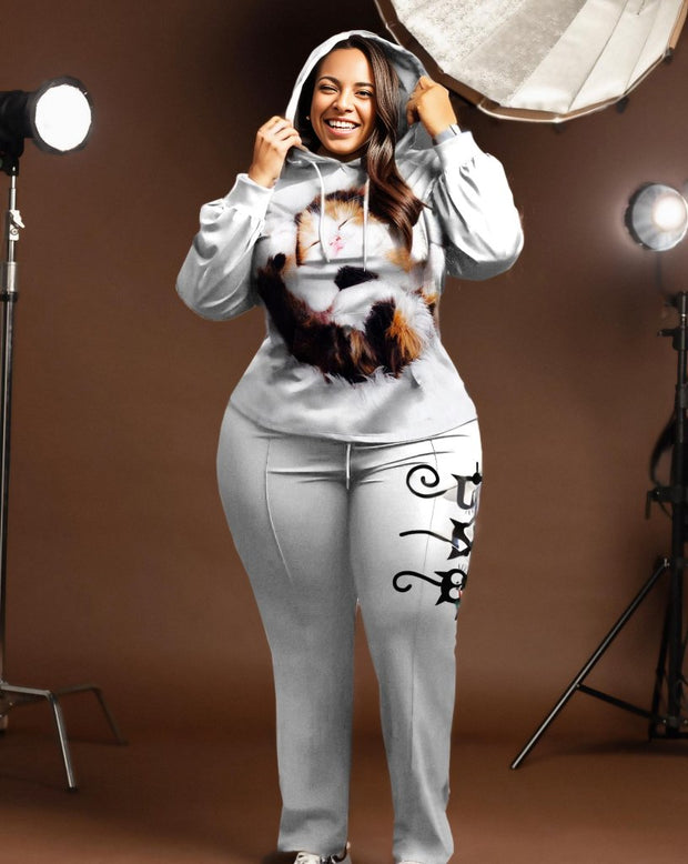 Women's Plus Size Hug Sleeping Cat Hoodie Set