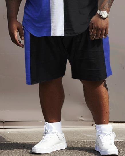 Men's Plus Size Blue Black and White Vertical Stripes T-Shirt Shorts Suit