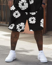 Men's Plus Size Classic White Plum Blossom T-Shirt Shorts Suit