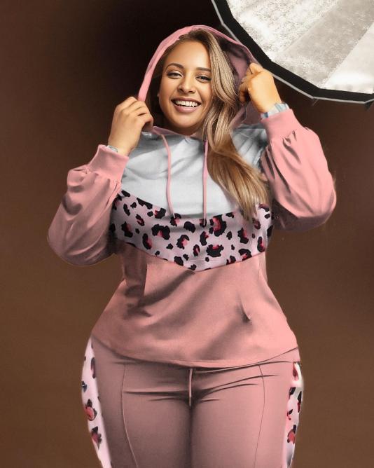 Women's Plus Size Pink Leopard Stripe Patchwork Hoodie Set