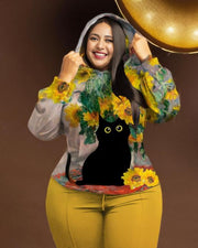 Women's Plus Size Van Gogh Sunflower Cat Hoodie Set